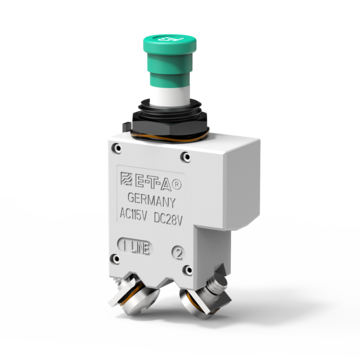 Typ 4120 von E-T-A： Einpoliger， thermischer Schutzschalter mit Gewindehalsbefestigung und Druck/Zug-Bet?tigung.